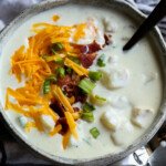Bowl of potato soup with cheese and green onions.