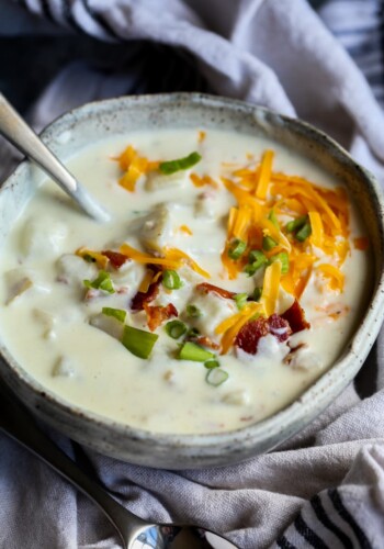 Bacon and potato soup in a bowl.