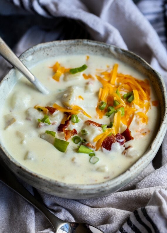 Bacon and potato soup in a bowl.