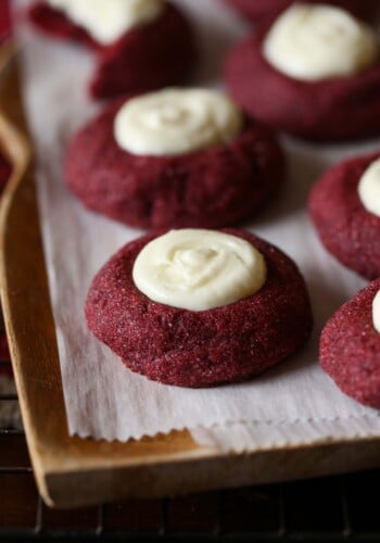 Red Velvet Cookie topped with white frosting