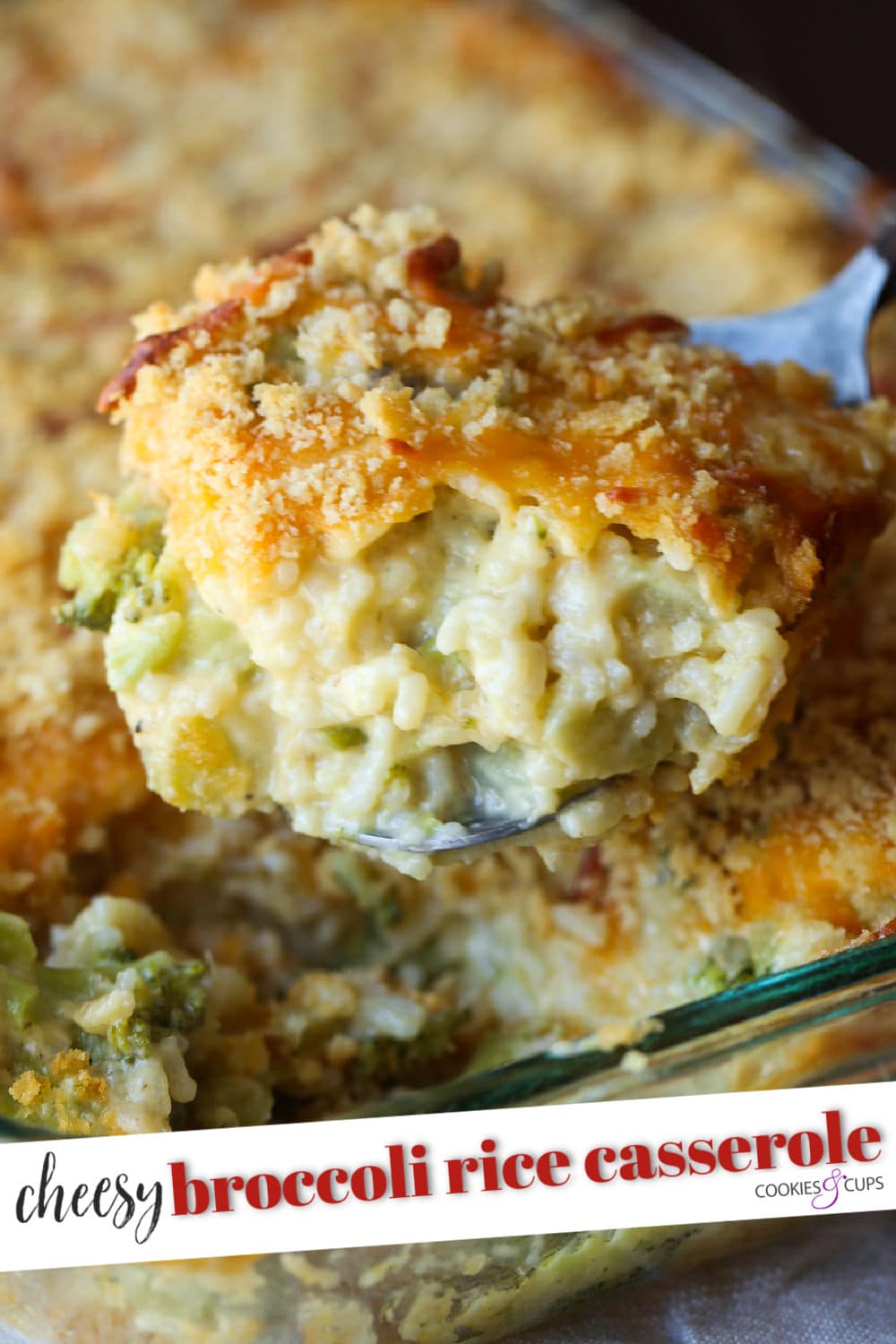 Serving of homemade cheesy broccoli rice casserole.