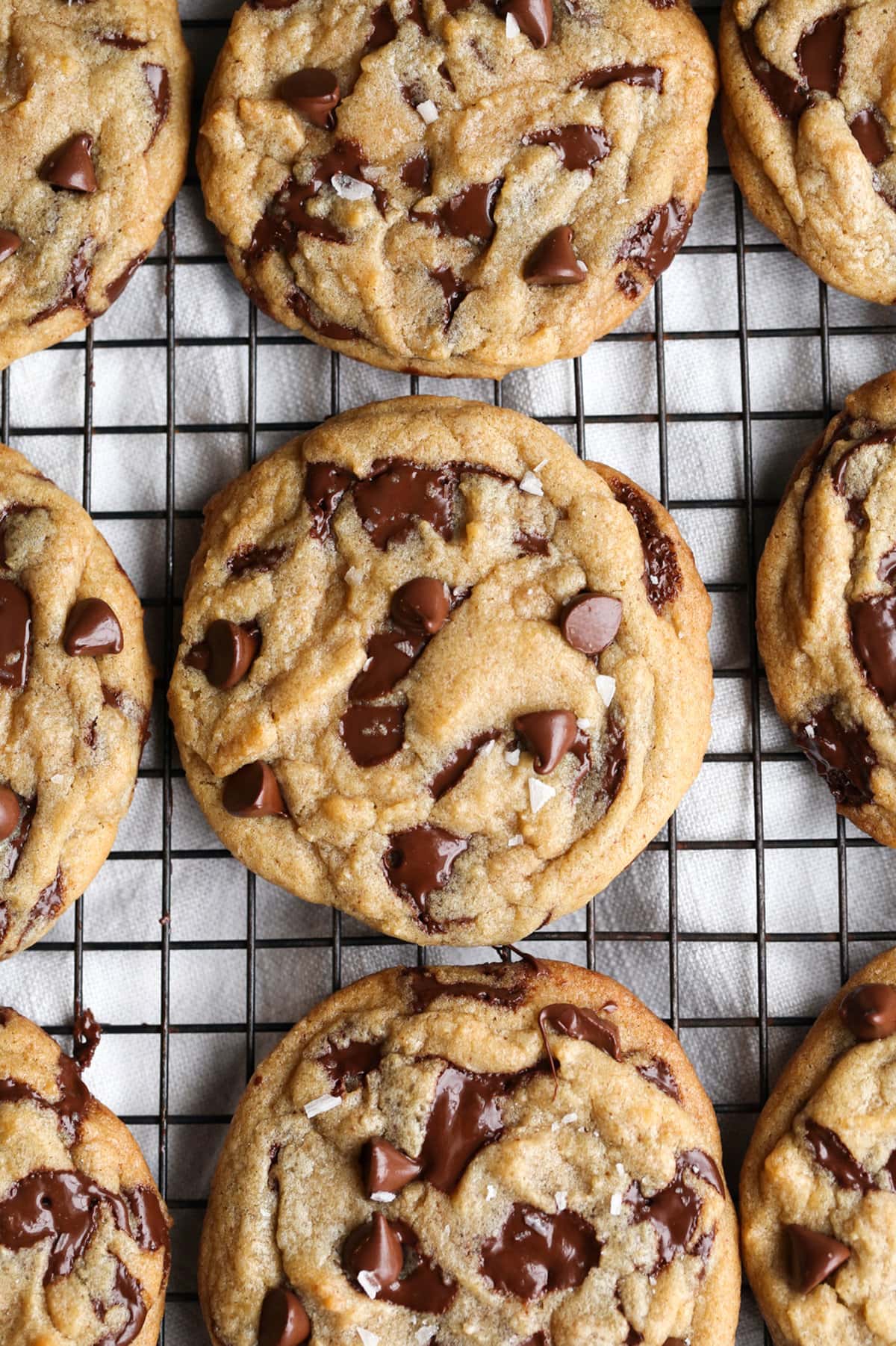 chocolate chip cookies from above on a wire cooling rack