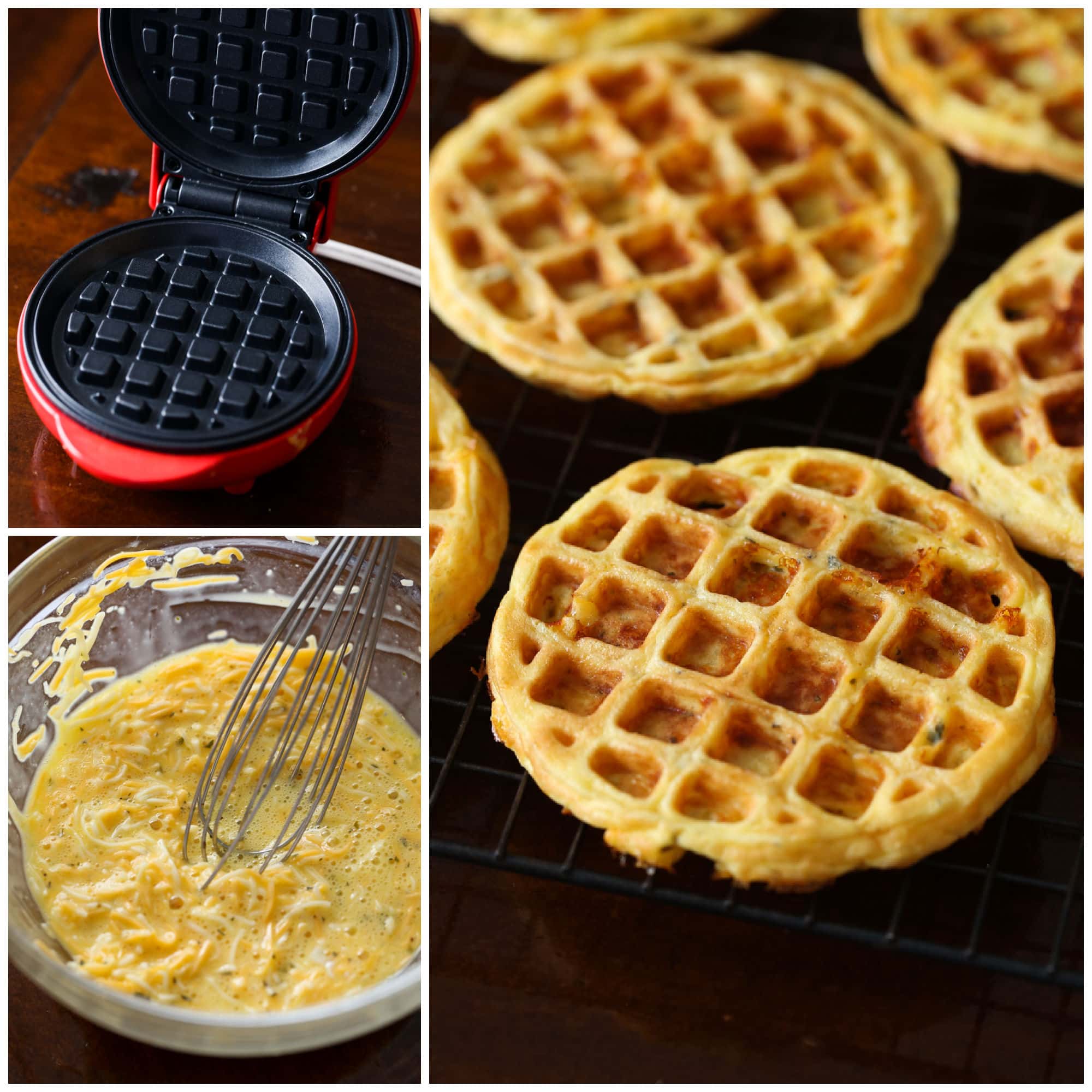 Collage making chaffles with waffle iron and batter