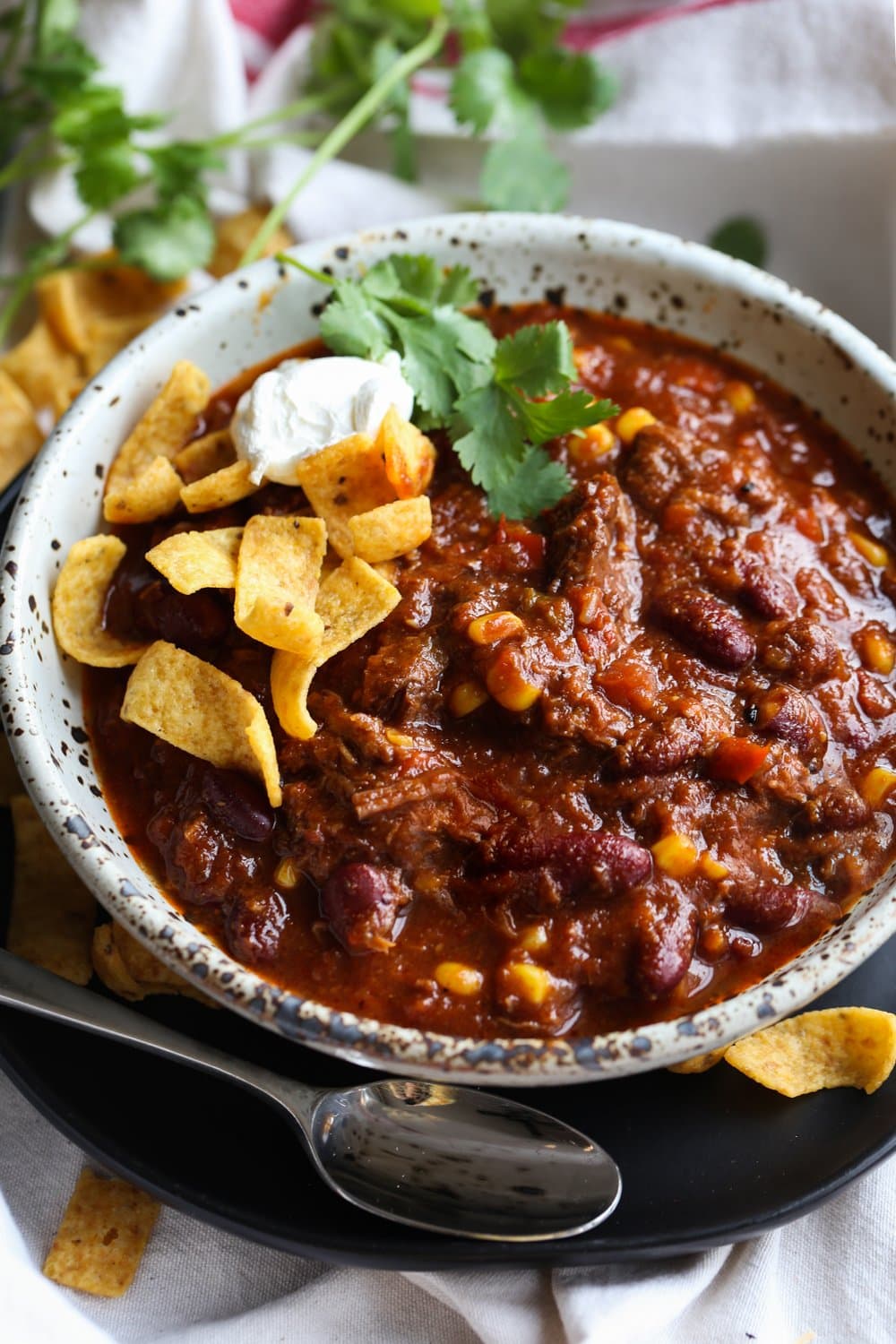 chili served in a bowl with toppings