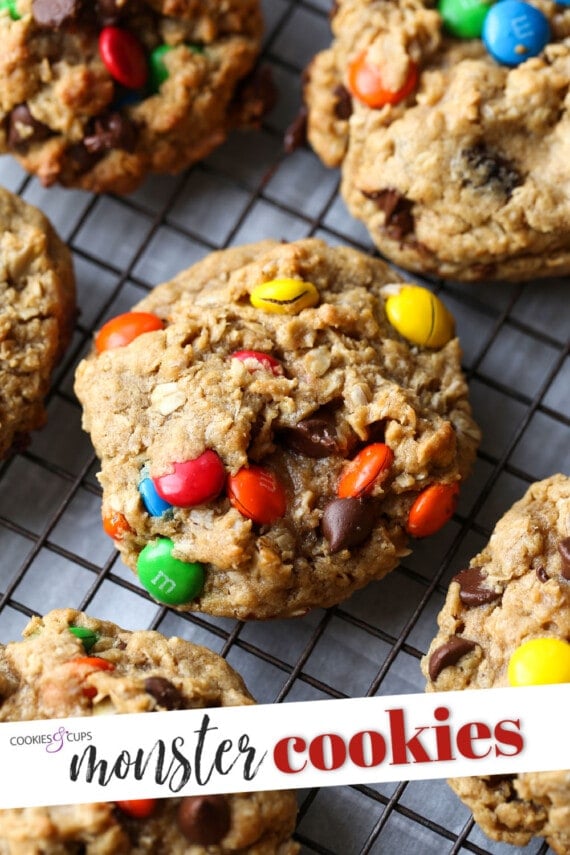 Chocolate chip M&M cookies on a cooling rack.