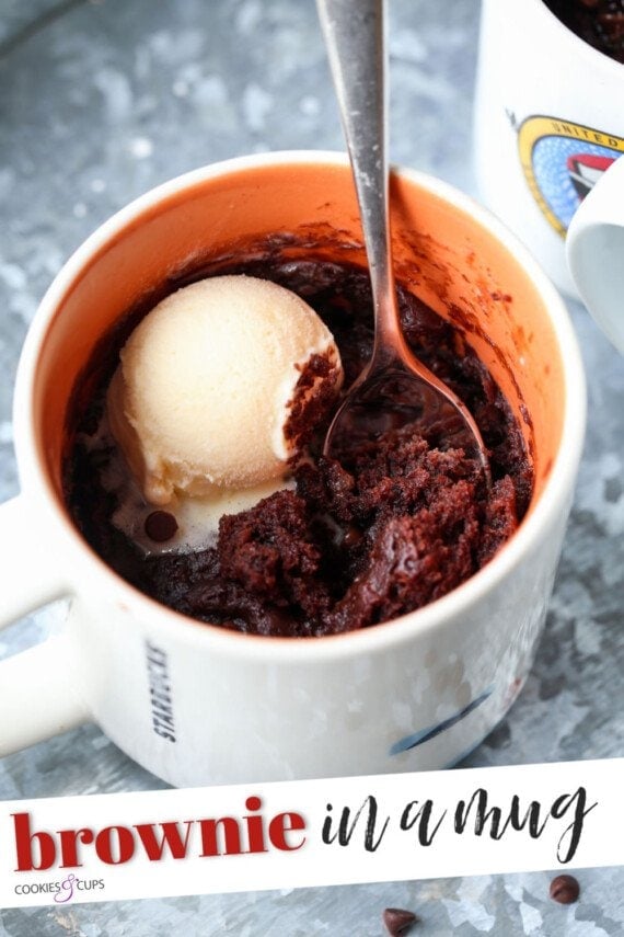 Mug Brownie cookie in a microwave topped with ice cream