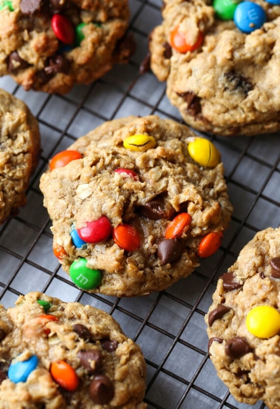 Monster Cookies are Oatmeal M&M Peanut Butter Cookies on a wore rack