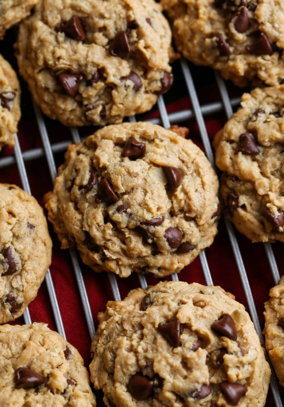 Peanut Butter Oatmeal cookies on a wire rack