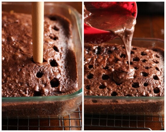 Poking holes in a baked cake and pouring chocolate ganache on top