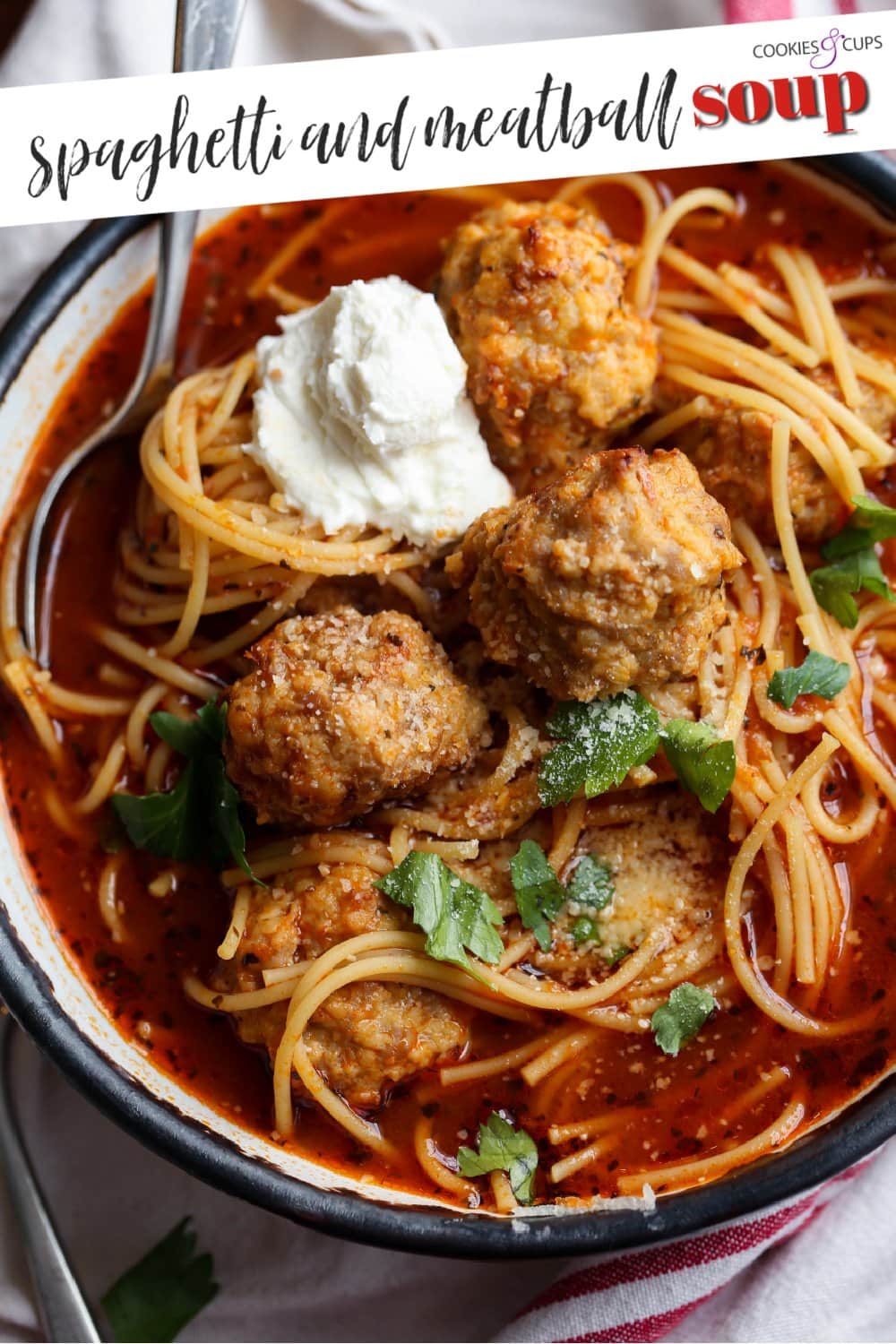 Tomato Soup with meatballs and spaghetti pinterest image