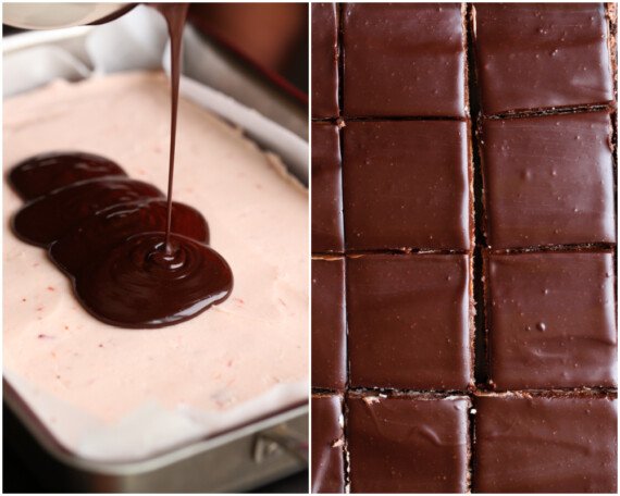 Collage pouring chocolate ganache on strawberry frosted brownies