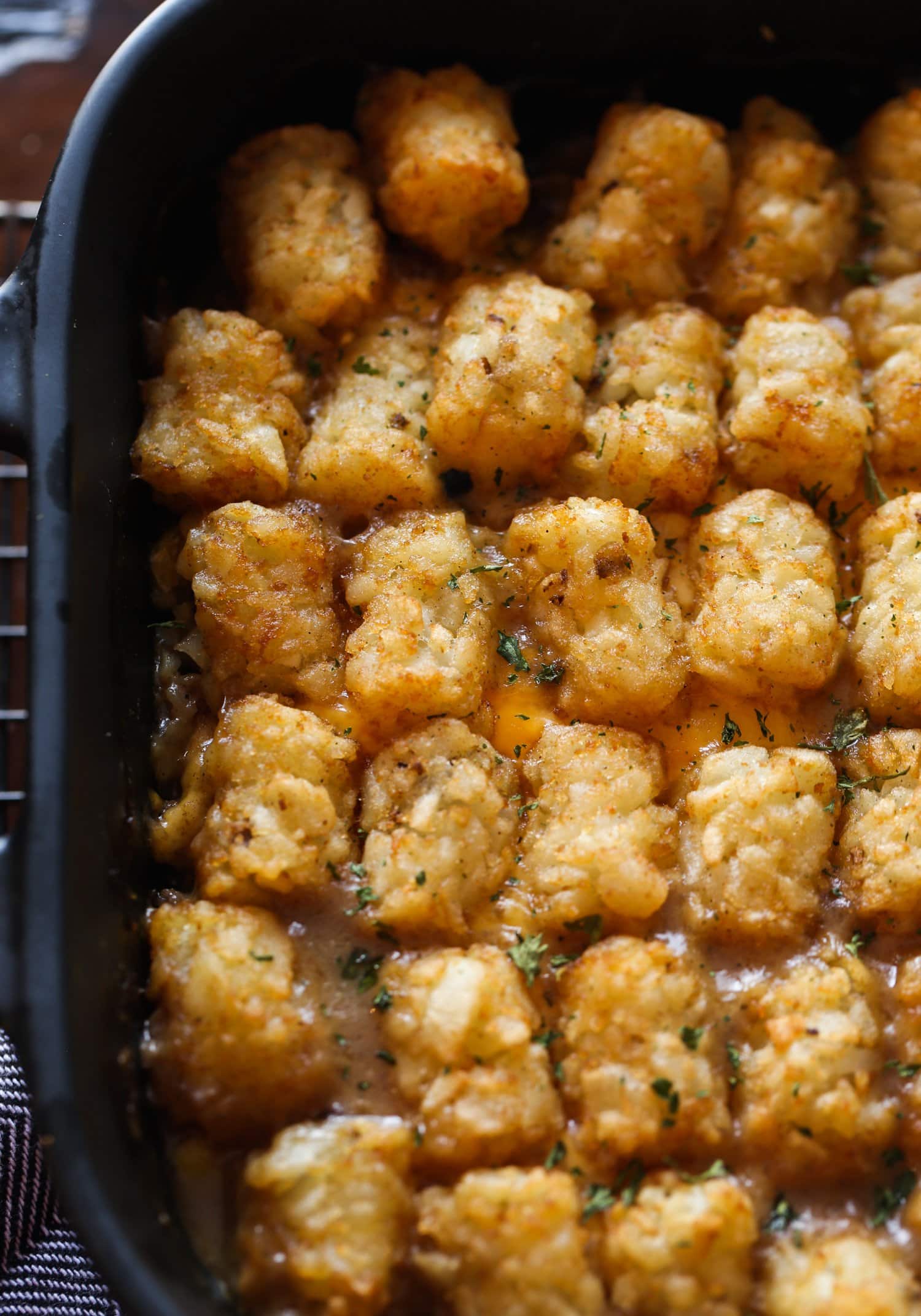 Baked tater tot casserole in a pan from above