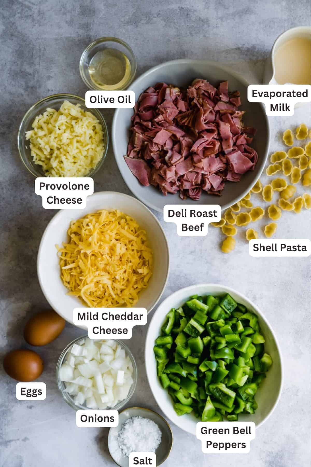 Ingredients for Philly Cheesesteak Mac and Cheese.