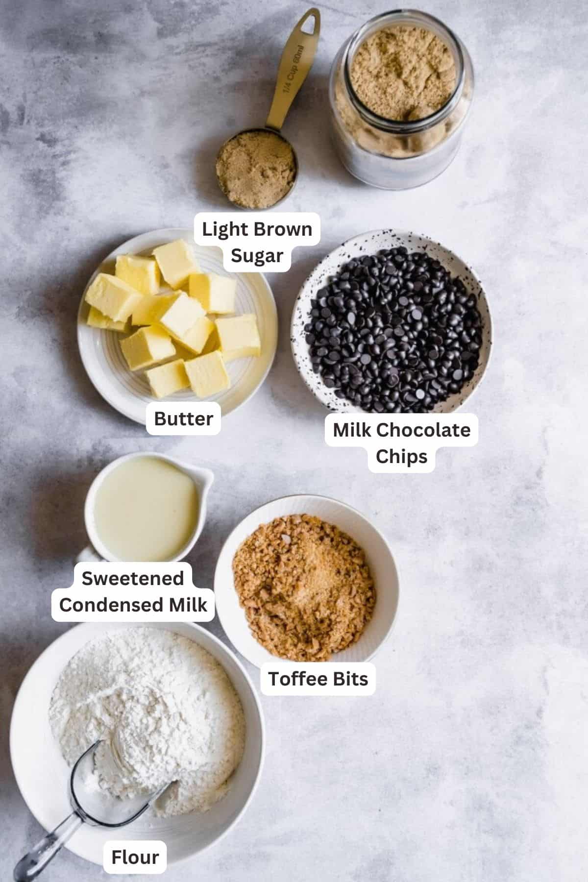 Ingredients for Shortbread Toffee Cookie Bars.