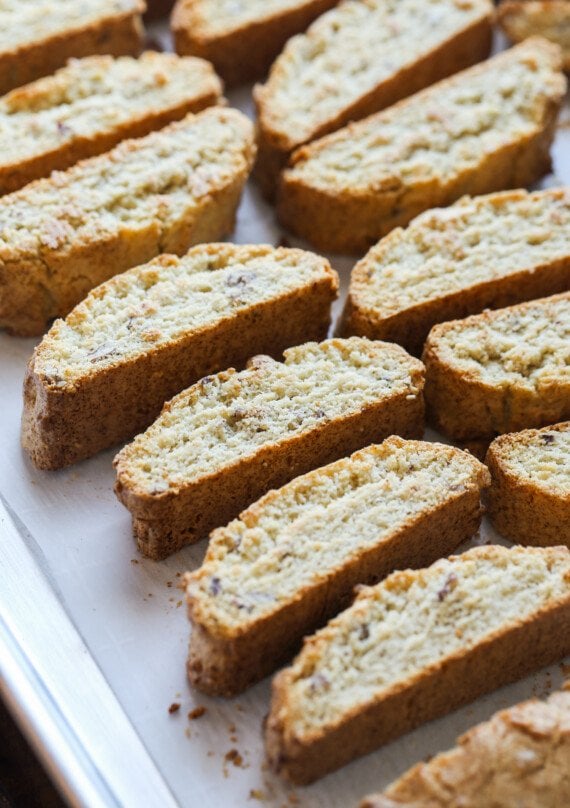 Rows of sliced biscotti cookies.