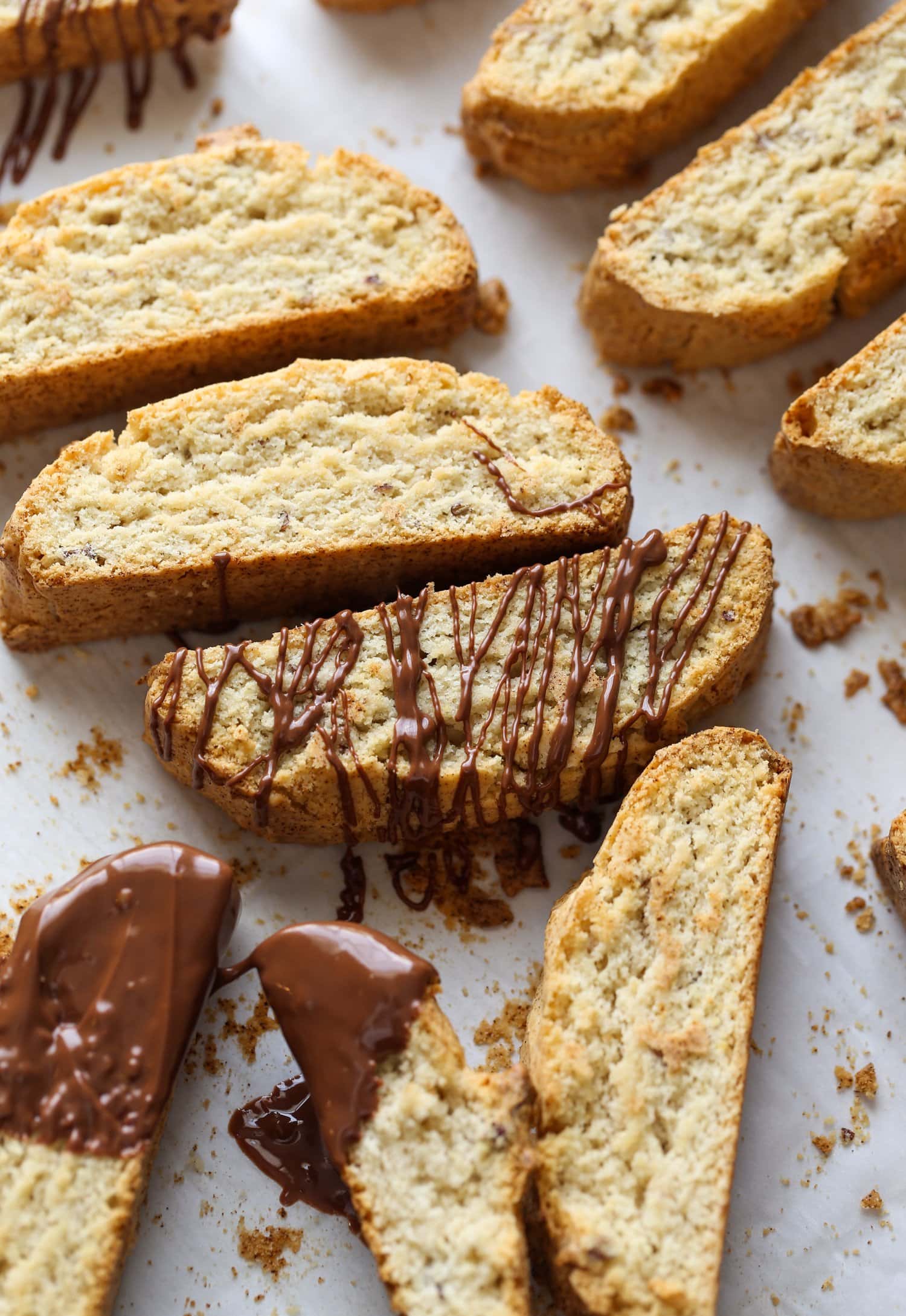 Biscotti covered in chocolate.