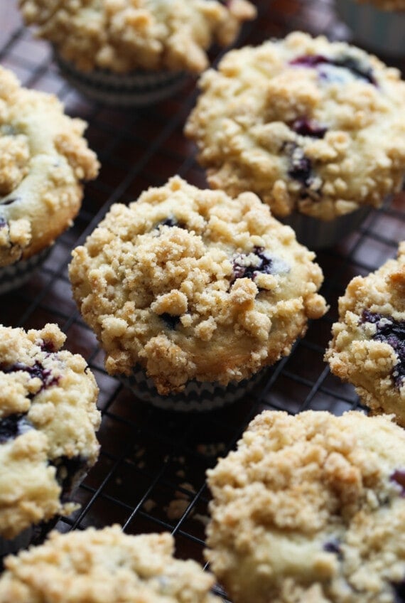 Blueberries and Cream Muffins topped with crumb topping