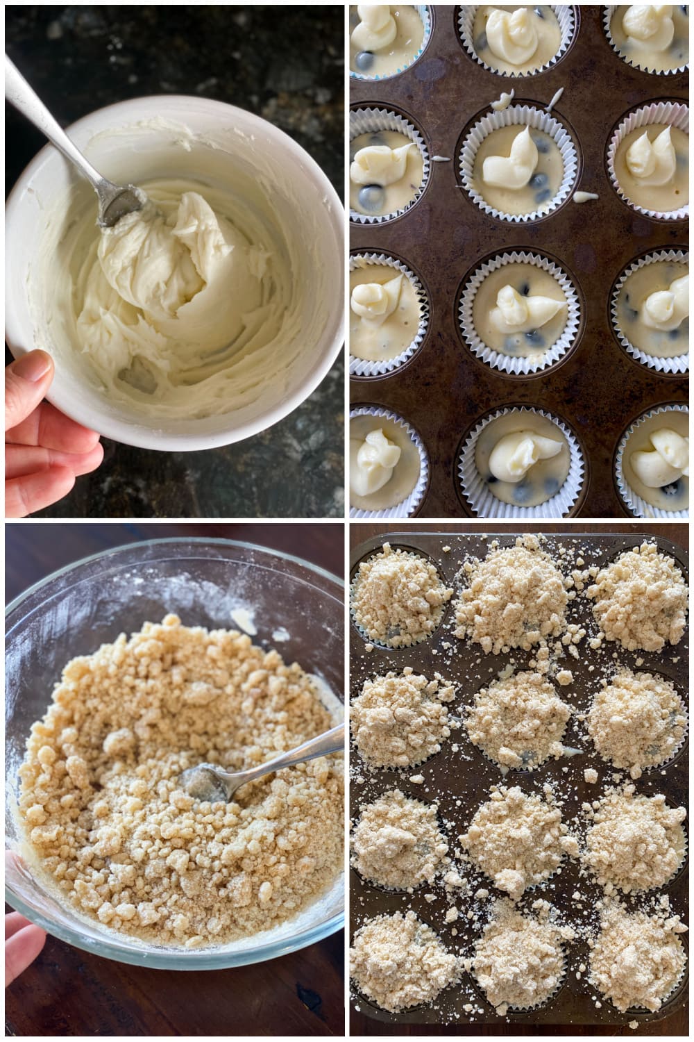 These blueberry cream cheese muffins are loaded with fresh berries and a luscious cream cheese filling and topped with buttery streusel. A collage of images showing how to fill blueberry muffins with cream filling and top with streusel.