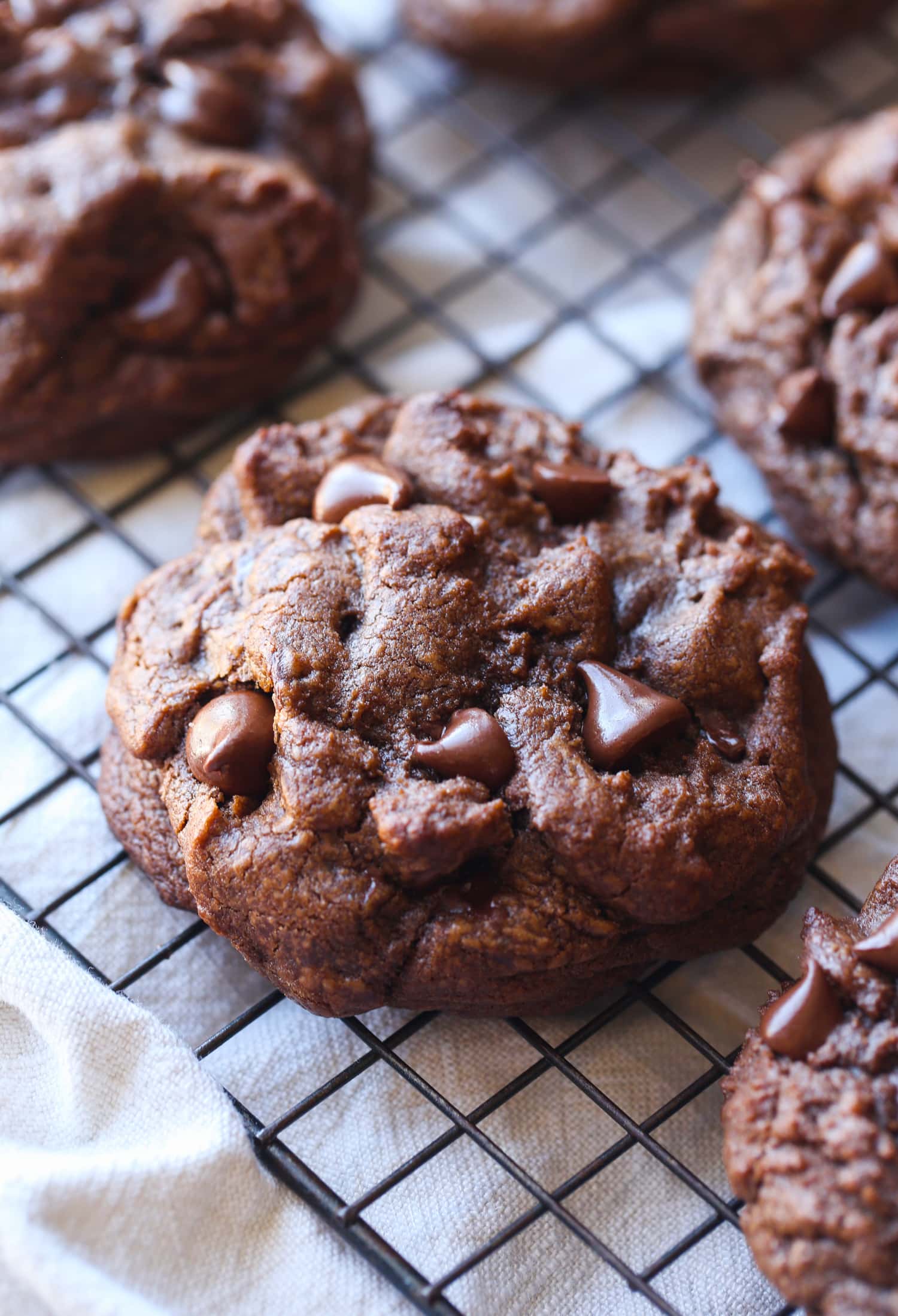 Chocolate Chocolate Chip Cookie on a cooling rack