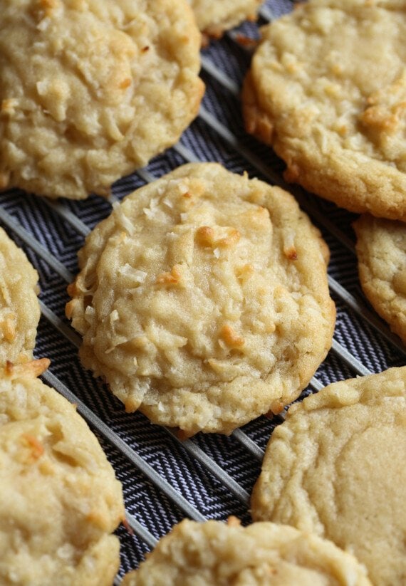 cookie baked with flaked coconut on a wire cooling rack