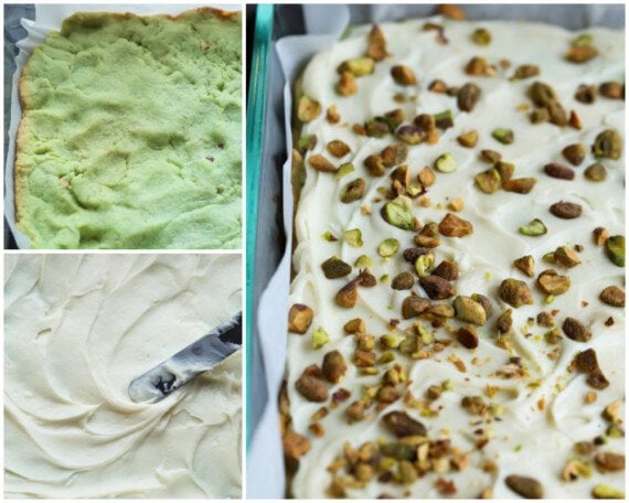 Collage image showing the process of making cookie bars flavored with pistachio pudding