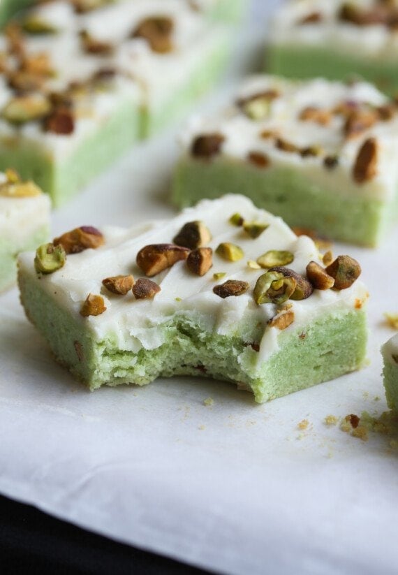 Pistachio Cookie Bar with a bite taken out