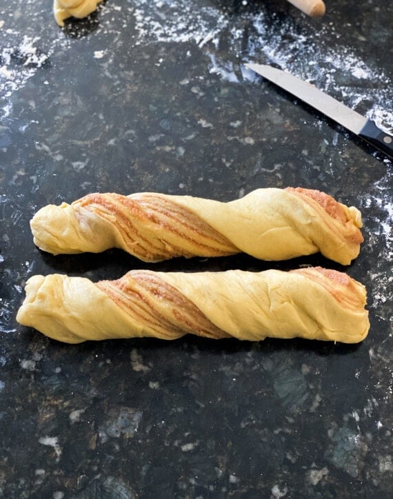 Two twisted dough halves.