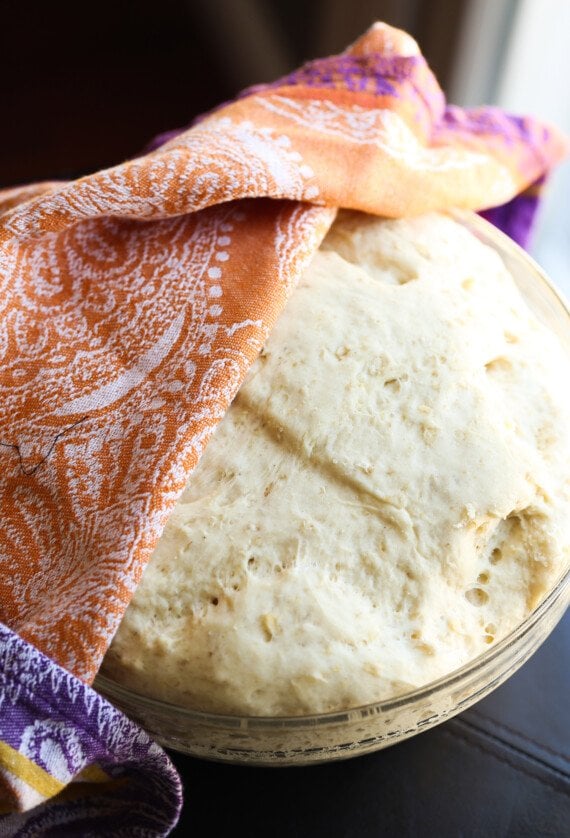 Risen honey oat bread dough.