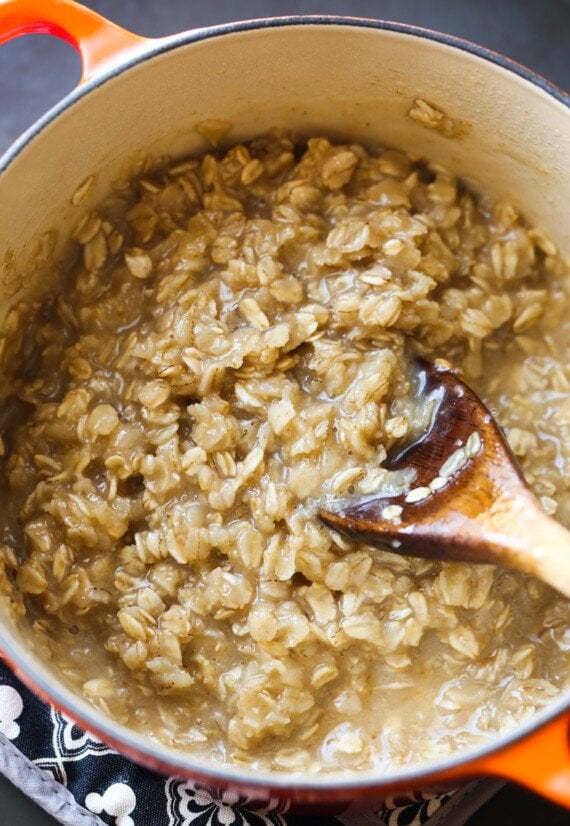 Cooked oatmeal in a pot.