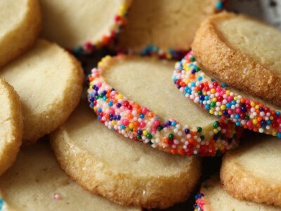 Plate of Danish butter cookies with sprinkles.