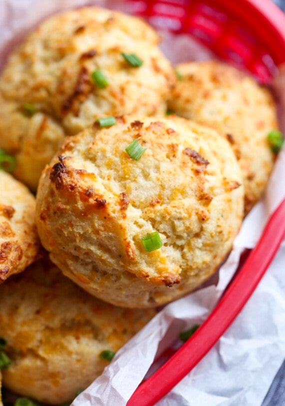 copycat red lobster biscuits stacked in a red basket