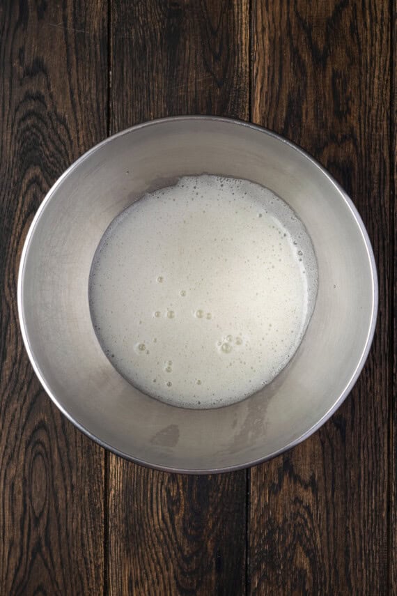 Cooked egg whites added to a mixing bowl.