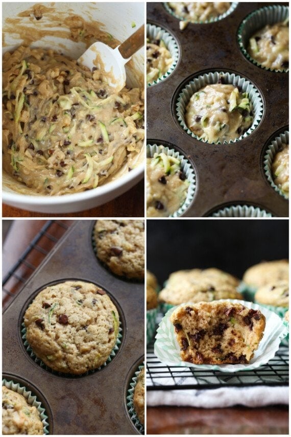 Collage with steps on making zucchini muffins