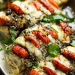 Caprese Chicken in a baking dish garnished with basil