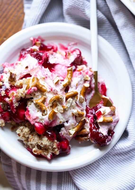 Pretzels cream and cherry n bake dessert on a plate