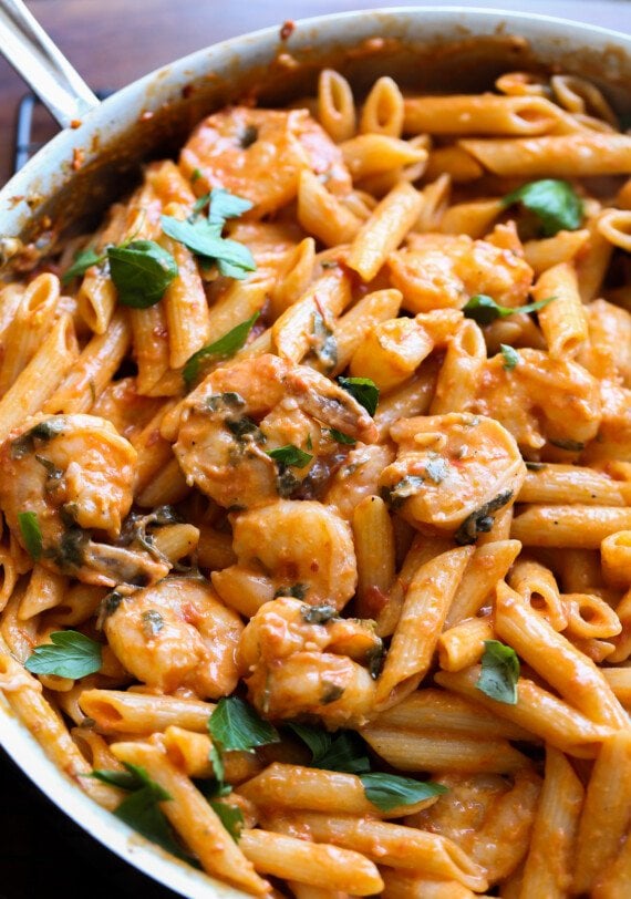 Creamy Tomato Shrimp Pasta in a skillet