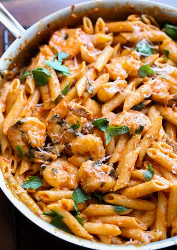 Penne pasta tossed in a creamy tomato sauce with shrimp