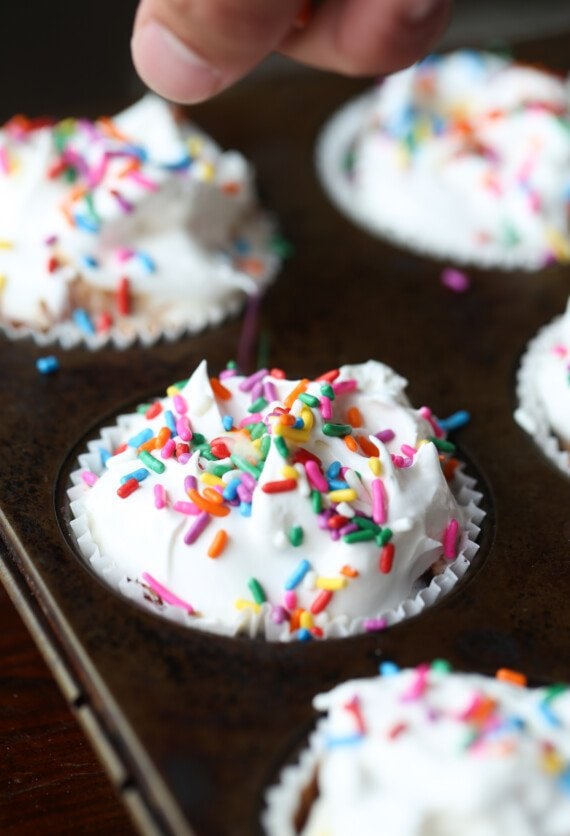 muffin tin with frozen cupcakes