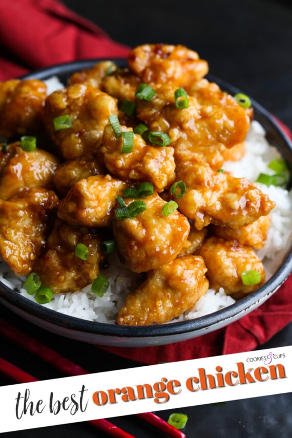 Bowl of orange chicken with rice.
