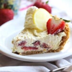 Slice of No Bake Strawberry Lemon Icebox Pie on a plate.