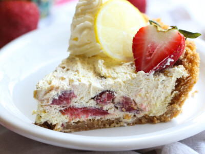 Slice of No Bake Strawberry Lemon Icebox Pie on a plate