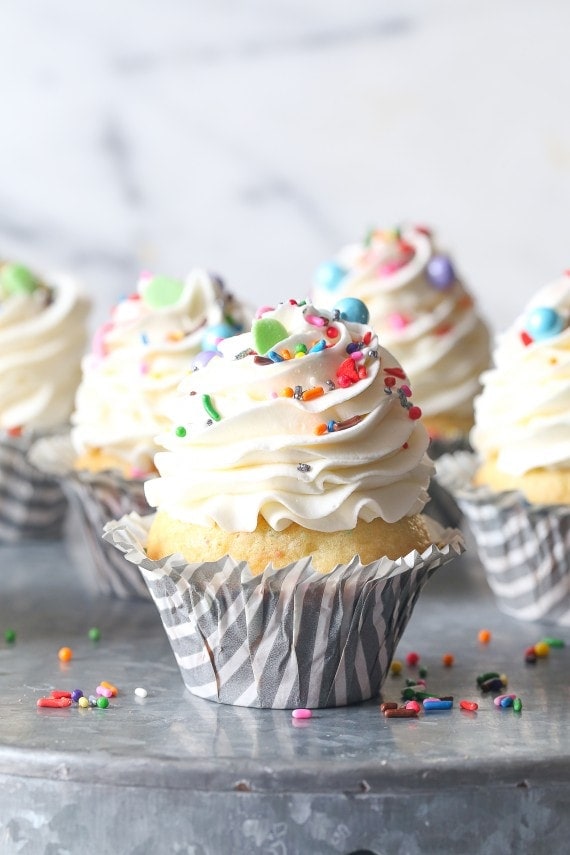 A Vanilla Cupcake with Vanilla Buttercream Frosting and Pastel-Colored Sprinkles