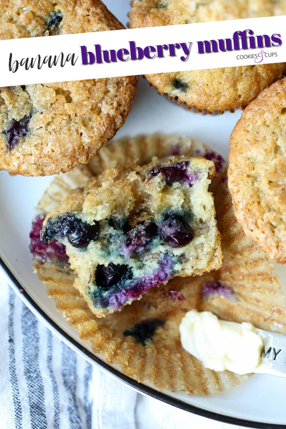 Pinterest image of a banana blueberry muffin.