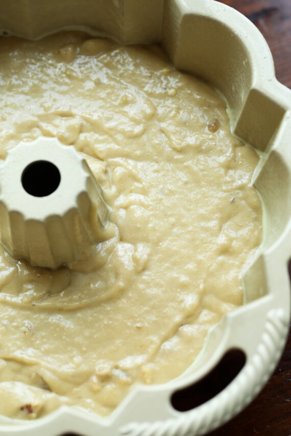 Banana cake batter in a bundt pan.