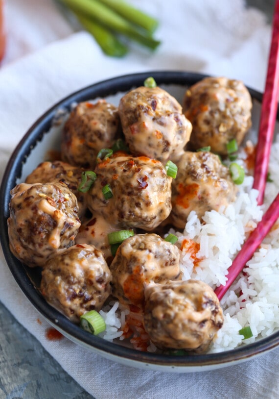 Bang bang meatballs with jasmine rice.