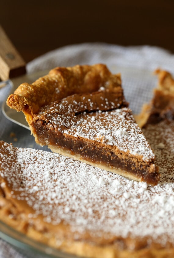 Chess Pie being served dusted in powdered sugar