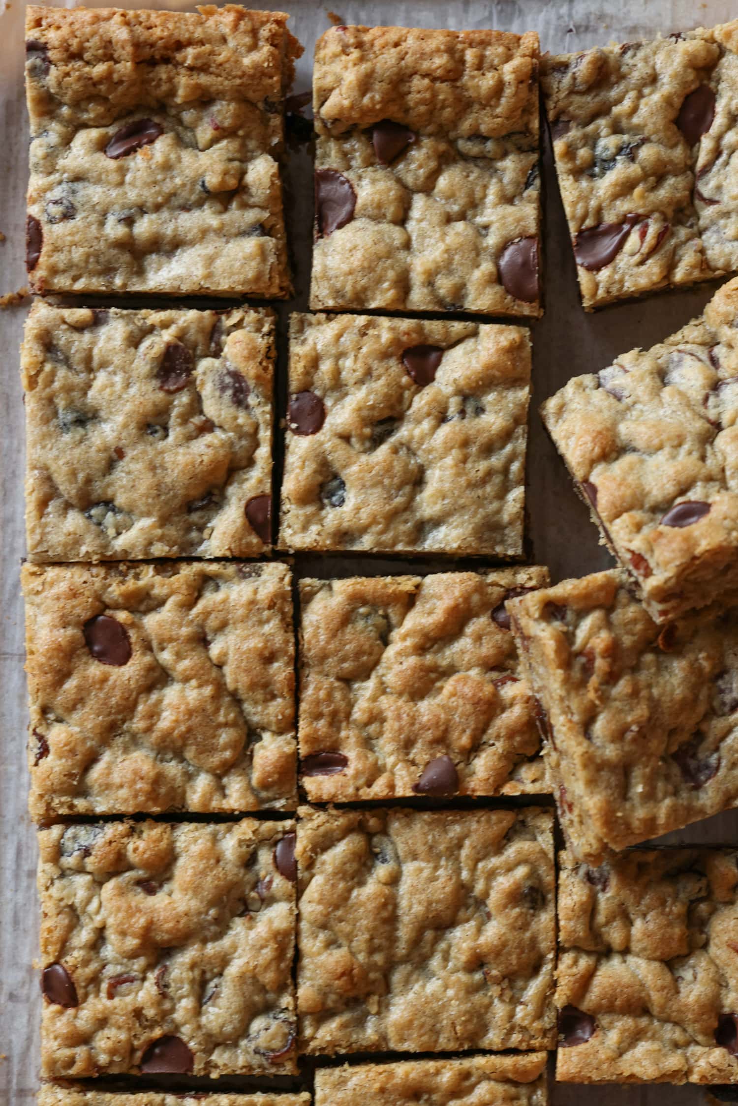 Oatmeal cookie bar cut from above