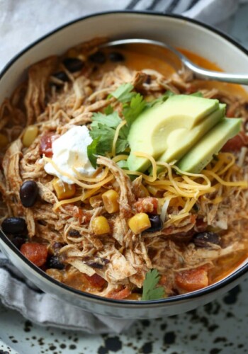 shredded tex mex chicken soup in a bowl