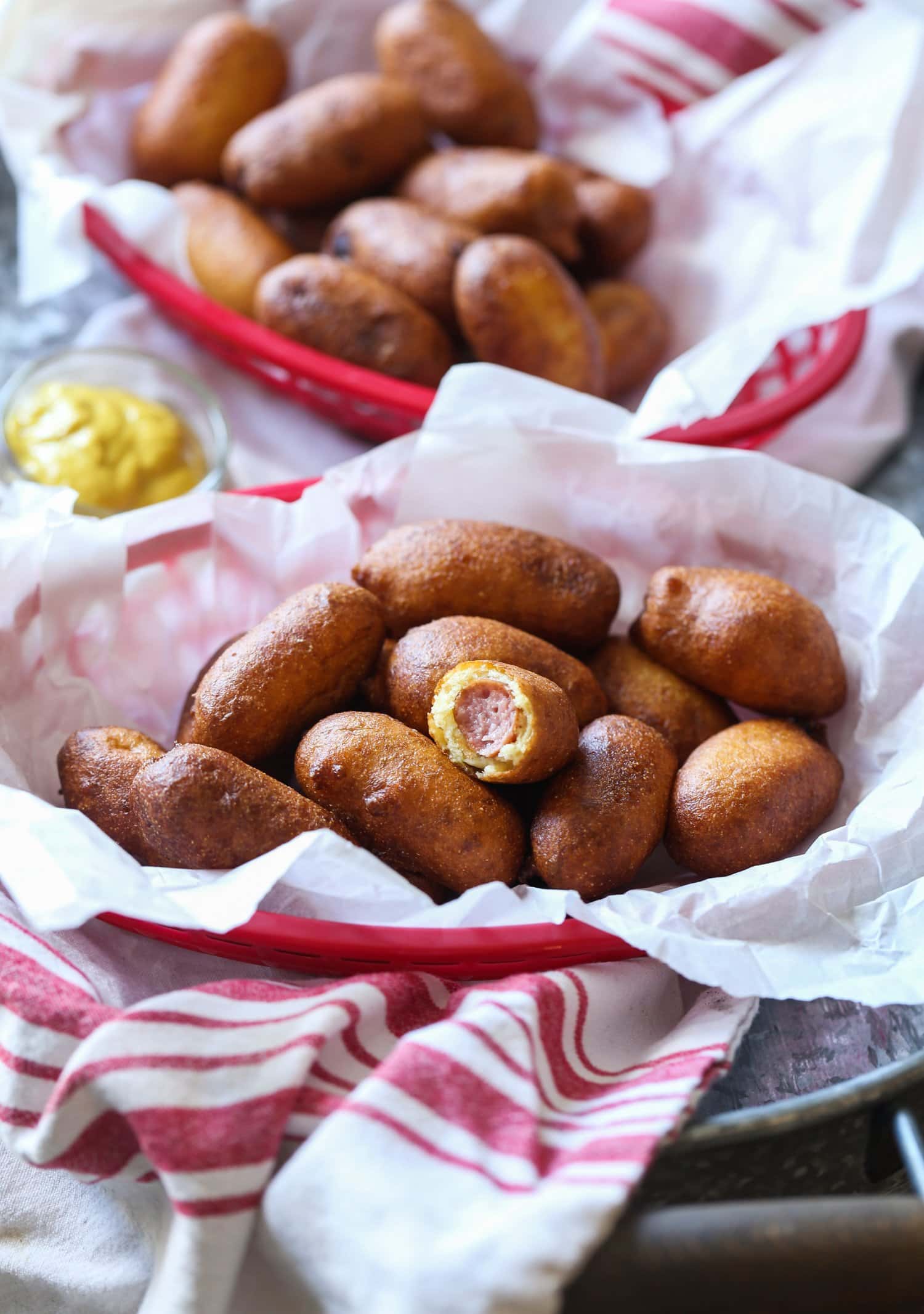 Mini hot dogs with breading.