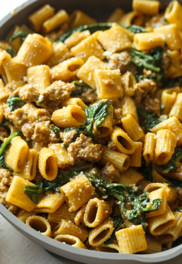 Pumpkin Sausage Pasta with Spinach | Cookies and Cups